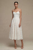 Lace White Spaghetti Straps A Line Midi Engagement Dress