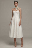 Ivory Spaghetti Straps A Line Jacquard Midi Engagement Dress