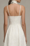 Ivory Spaghetti Straps A Line Jacquard Midi Engagement Dress