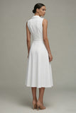 White V-Neck Sleeveless Ruched A Line Midi Work Dress