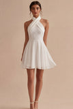 Halter Chiffon Lace A Line Little White Dress