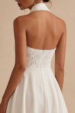 Halter Chiffon Lace A Line Little White Dress