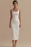 Zapaka Women White Engagement Dress Square Neck Jacquard Sheath Rehearsal Dinner Dress with Slit