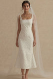 Square Neck Jacquard White Mermaid Midi Engagement Dress