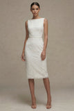 White Bodycon Bateau Neck Lace Midi Graduation Dress