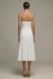 White Spaghetti Straps Lace A Line Midi Engagement Dress