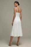 White Spaghetti Straps Lace A Line Midi Engagement Dress