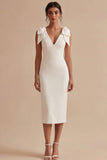 White Bodycon Satin V-Neck Midi Engagement Dress with Bows