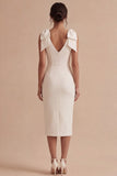 White Bodycon Satin V-Neck Midi Engagement Dress with Bows