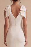 White Bodycon Satin V-Neck Midi Engagement Dress with Bows