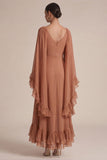 Brown A Line Ruffled V-Neck Long Wedding Guest Dress with Cape
