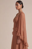Brown A Line Ruffled V-Neck Long Wedding Guest Dress with Cape