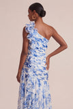 Blue Floral A Line One Shoulder Long Wedding Guest Dress with Ruffles
