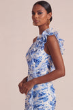 Blue Floral A Line One Shoulder Long Wedding Guest Dress with Ruffles