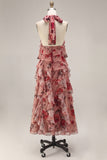 Dusty Rose Halter Ruffled Floral Long Wedding Guest Dress