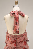 Dusty Rose Halter Ruffled Floral Long Wedding Guest Dress