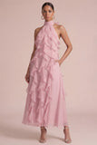 Dusty Rose Halter Ruffled Floral Long Wedding Guest Dress