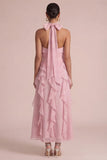 Dusty Rose Halter Ruffled Floral Long Wedding Guest Dress