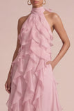 Dusty Rose Halter Ruffled Floral Long Wedding Guest Dress