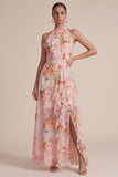 Peach Pleated Floral Ruffled Long Wedding Guest Dress with Slit