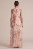 Peach Pleated Floral Ruffled Long Wedding Guest Dress with Slit