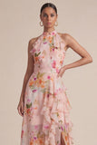 Peach Pleated Floral Ruffled Long Wedding Guest Dress with Slit
