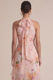Peach Pleated Floral Ruffled Long Wedding Guest Dress with Slit