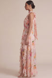 Peach Pleated Floral Ruffled Long Wedding Guest Dress with Slit