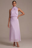 Dusty Rose Floral A Line Long Wedding Guest Dress with Bow