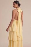 Yellow Ruffled A Line Halter Long Wedding Guest Dress with Bow