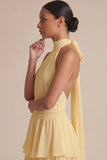 Yellow Ruffled A Line Halter Long Wedding Guest Dress with Bow