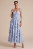 Light Blue A Line Ruffled Cut Out Midi Wedding Guest Dress