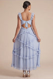 Light Blue A Line Ruffled Cut Out Midi Wedding Guest Dress