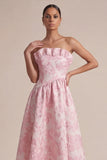 Pink Strapless A Line Floral Midi Wedding Guest Dress
