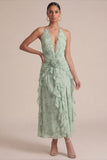 Sage Halter Printed Ruffled Midi Wedding Guest Dress with 3D Flowers