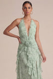 Sage Halter Printed Ruffled Midi Wedding Guest Dress with 3D Flowers