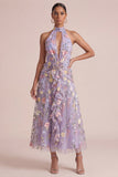 Lilac Appliqued Halter A Line Cut Out Ruffled Midi Dress with 3D Flowers