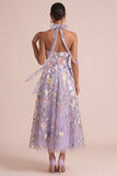 Lilac Appliqued Halter A Line Cut Out Ruffled Midi Dress with 3D Flowers