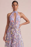 Lilac Appliqued Halter A Line Cut Out Ruffled Midi Dress with 3D Flowers
