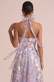 Lilac Appliqued Halter A Line Cut Out Ruffled Midi Dress with 3D Flowers