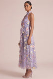 Lilac Appliqued Halter A Line Cut Out Ruffled Midi Dress with 3D Flowers