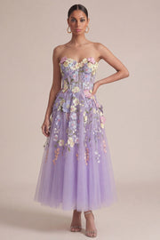 Strapless Lilac A Line Appliqued Corset Midi Wedding Guest Dress