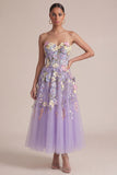 Strapless Lilac A Line Appliqued Corset Midi Wedding Guest Dress