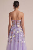 Strapless Lilac A Line Appliqued Corset Midi Wedding Guest Dress