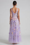 Lilac Appliqued V Neck A Line Midi Floral Dress