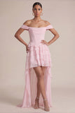 Off the Shoulder Pink A Line Ruffled Corset Wedding Guest Dress