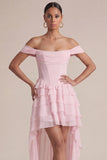 Off the Shoulder Pink A Line Ruffled Corset Wedding Guest Dress