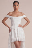 Off the Shoulder Pink A Line Ruffled Corset Wedding Guest Dress