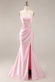 Pink Satin Mermaid Sweetheart Ruched Long Formal Dress with Slit