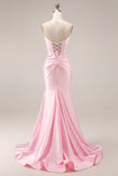 Pink Satin Mermaid Sweetheart Ruched Long Formal Dress with Slit